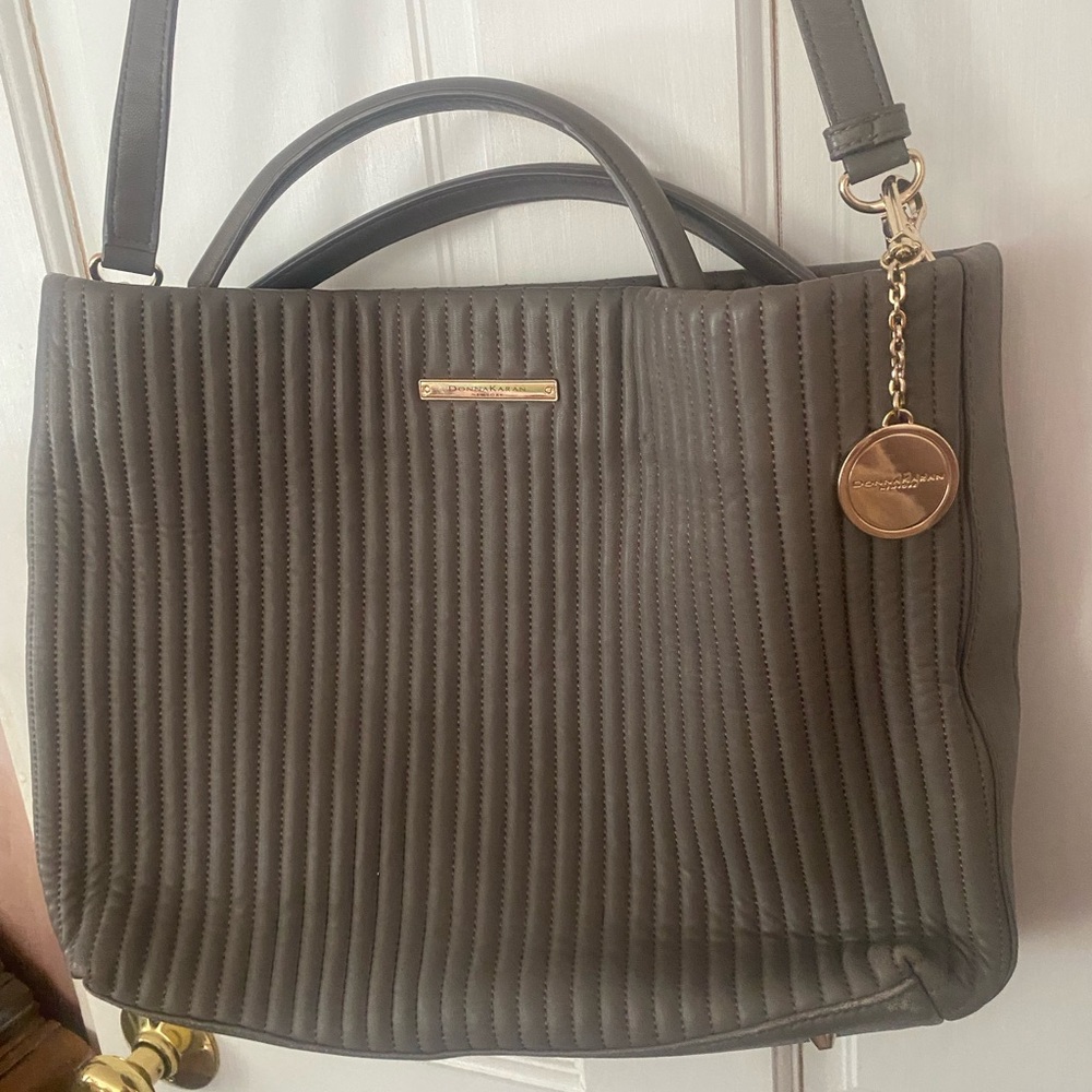 Gray Rare Designer Donna Karan Leather Women's Tote Bag Gold Accents Minimalist